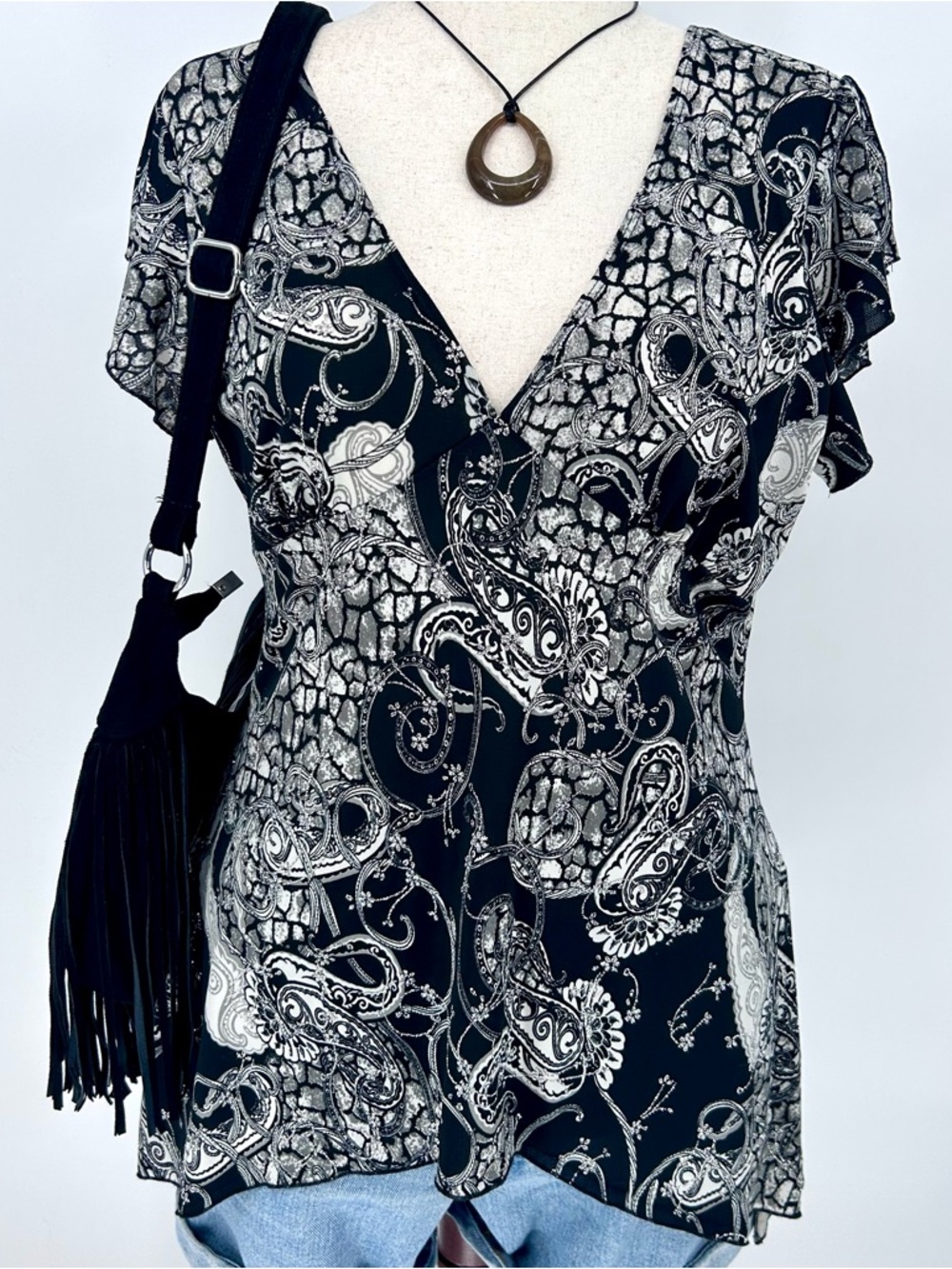 Goth Fairy Black Silver Paisley Top Y2K Boho Witchy Flowy Blouse Size XL